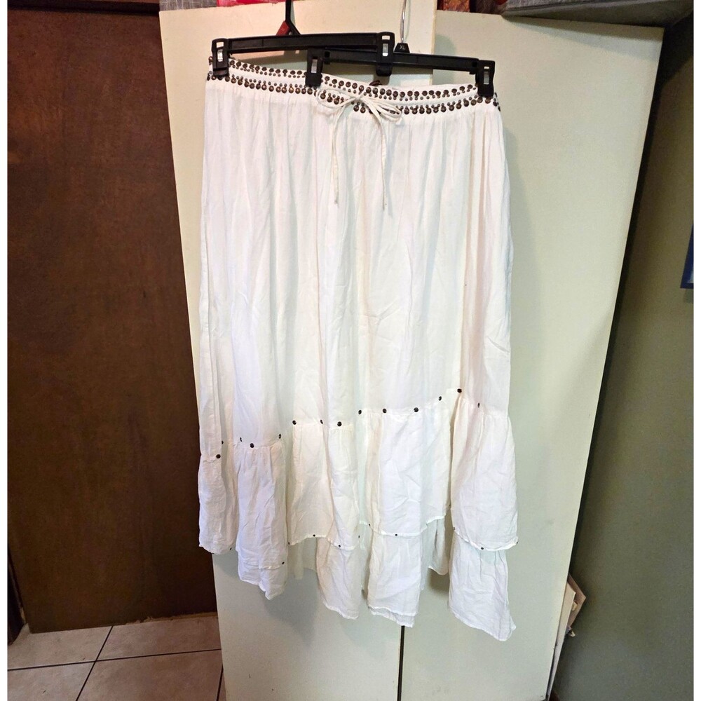 Apollo Women's Plus 3X White Tiered Midi Skirt Studded Drawstring Lightweight